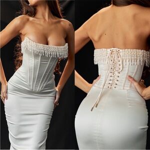 House of CB 'Nalita' Vintage Cream Embellished Strapless Midi Dress NWOT